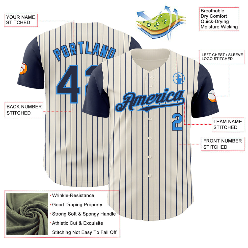 Custom Cream Navy Pinstripe Electric Blue Authentic Two Tone Baseball Jersey - Sky-Custom