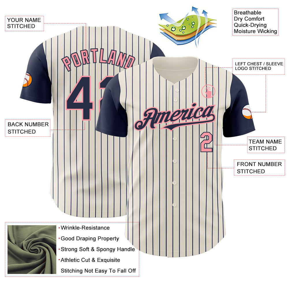 Custom Cream Navy Pinstripe Medium Pink Authentic Two Tone Baseball Jersey - Sky-Custom