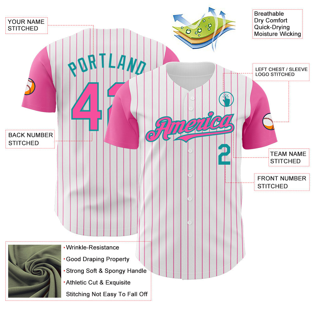 Custom White Pink Pinstripe Teal Authentic Two Tone Baseball Jersey - Sky-Custom