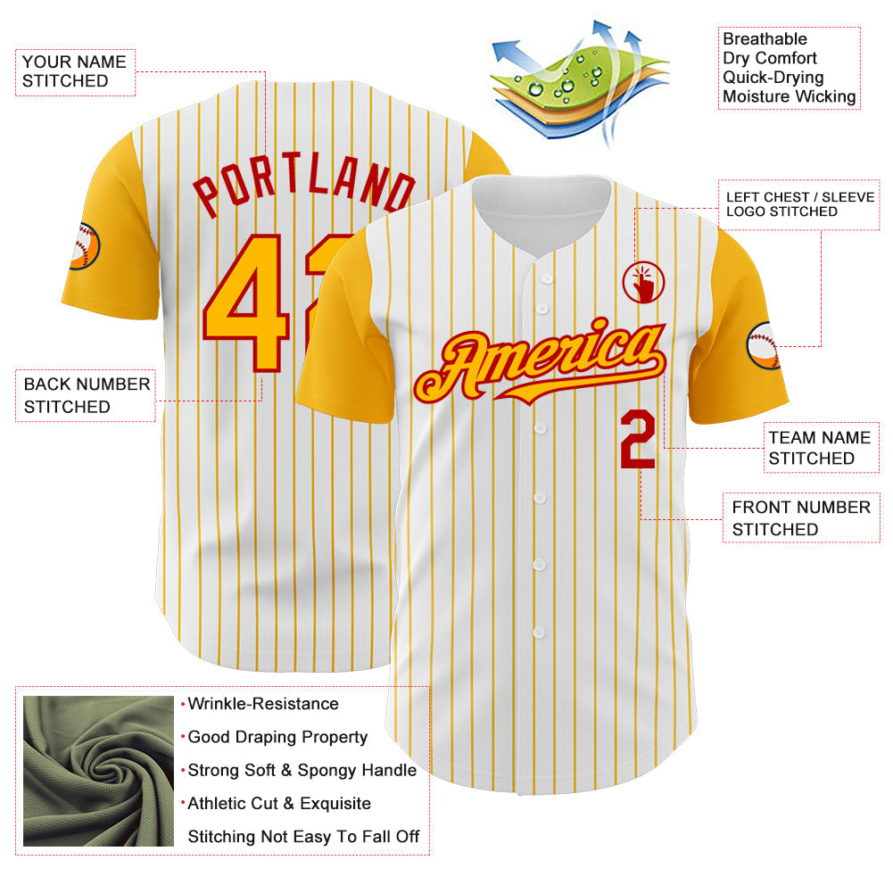 Custom White Gold Pinstripe Red Authentic Two Tone Baseball Jersey - Sky-Custom