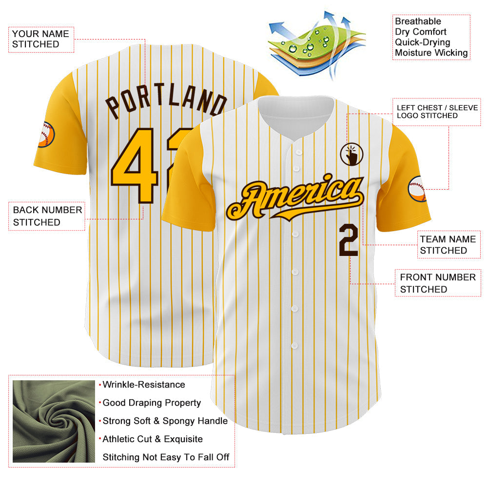 Custom White Gold Pinstripe Brown Authentic Two Tone Baseball Jersey - Sky-Custom