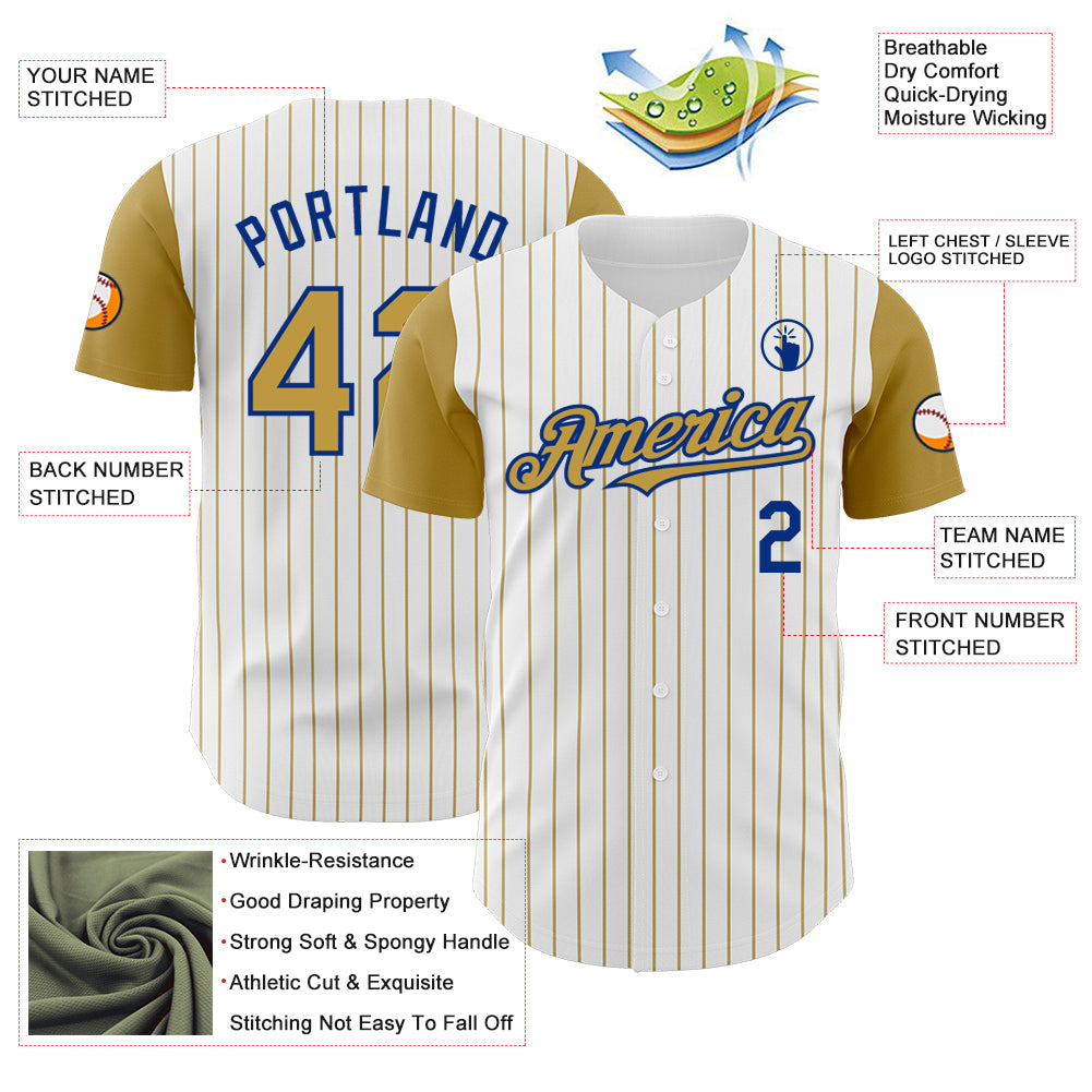Custom White Old Gold Pinstripe Royal Authentic Two Tone Baseball Jersey - Sky-Custom