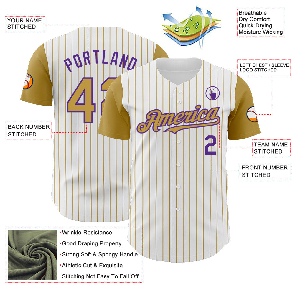 Custom White Old Gold Pinstripe Purple Authentic Two Tone Baseball Jersey - Sky-Custom