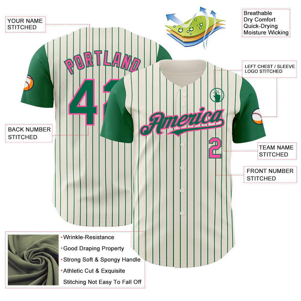 Custom Cream Kelly Green Pinstripe Pink Authentic Two Tone Baseball Jersey - Sky-Custom