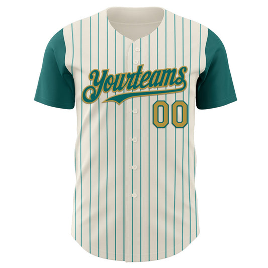 Custom Cream Teal Pinstripe Old Gold Authentic Two Tone Baseball Jersey - Sky-Custom