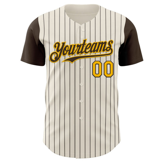 Custom Cream Brown Pinstripe Gold Authentic Two Tone Baseball Jersey - Sky-Custom