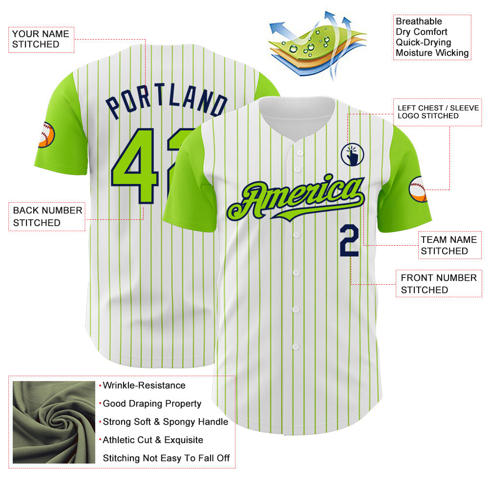 Custom White Neon Green Pinstripe Navy Authentic Two Tone Baseball Jersey - Sky-Custom