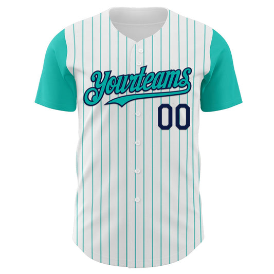 Custom White Aqua Pinstripe Navy Authentic Two Tone Baseball Jersey - Sky-Custom