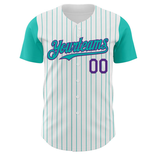 Custom White Aqua Pinstripe Purple Authentic Two Tone Baseball Jersey - Sky-Custom