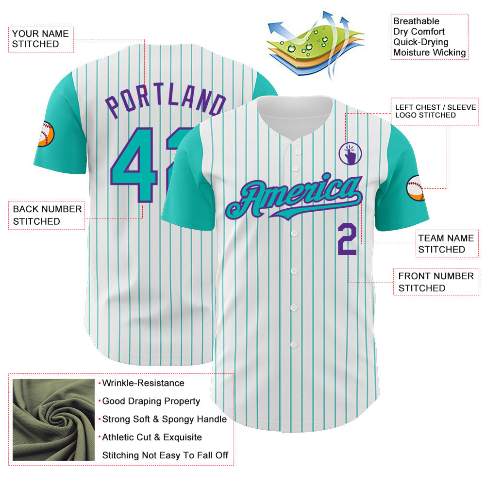 Custom White Aqua Pinstripe Purple Authentic Two Tone Baseball Jersey - Sky-Custom