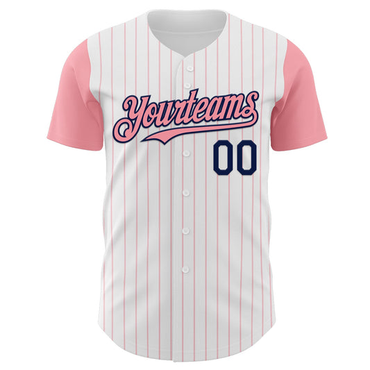 Custom White Medium Pink Pinstripe Navy Authentic Two Tone Baseball Jersey - Sky-Custom