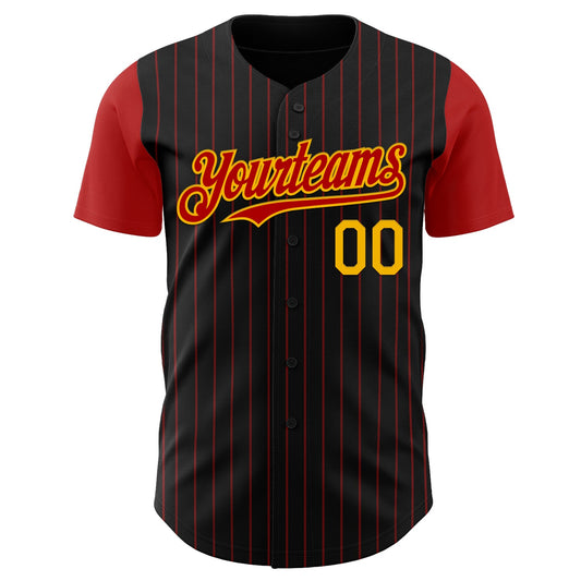 Custom Black Red Pinstripe Gold Authentic Two Tone Baseball Jersey - Sky-Custom