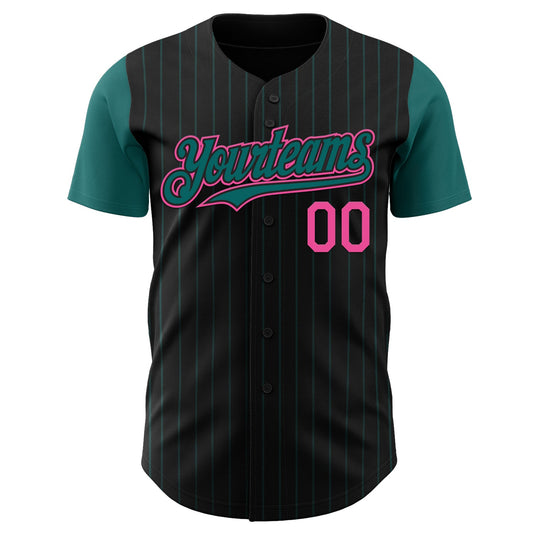 Custom Black Teal Pinstripe Pink Authentic Two Tone Baseball Jersey - Sky-Custom
