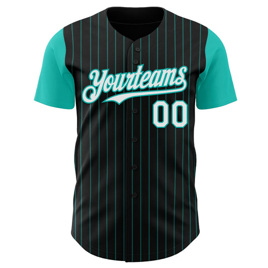 Custom Black Aqua Pinstripe White Authentic Two Tone Baseball Jersey - Sky-Custom