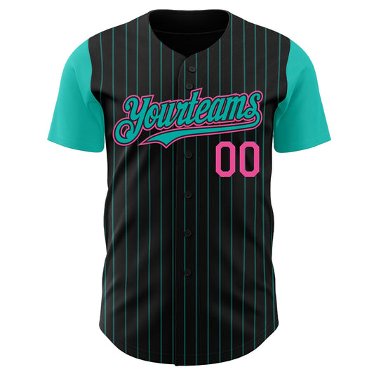 Custom Black Aqua Pinstripe Pink Authentic Two Tone Baseball Jersey - Sky-Custom