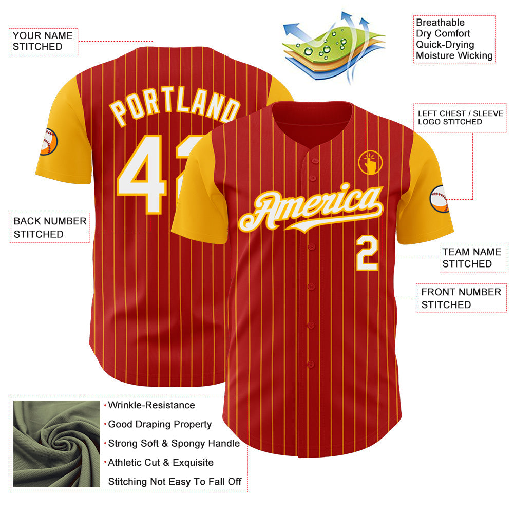 Custom Red Gold Pinstripe White Authentic Two Tone Baseball Jersey - Sky-Custom