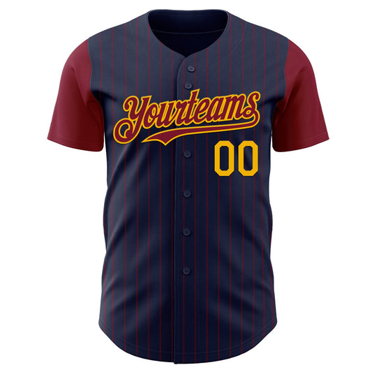 Custom Navy Crimson Pinstripe Gold Authentic Two Tone Baseball Jersey - Sky-Custom