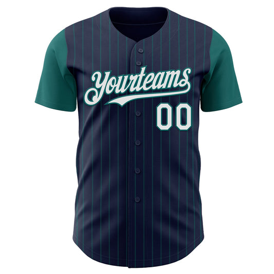 Custom Navy Teal Pinstripe White Authentic Two Tone Baseball Jersey - Sky-Custom