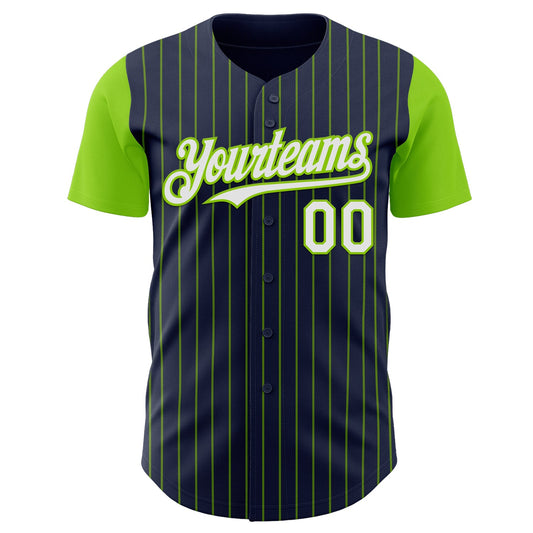 Custom Navy Neon Green Pinstripe White Authentic Two Tone Baseball Jersey - Sky-Custom