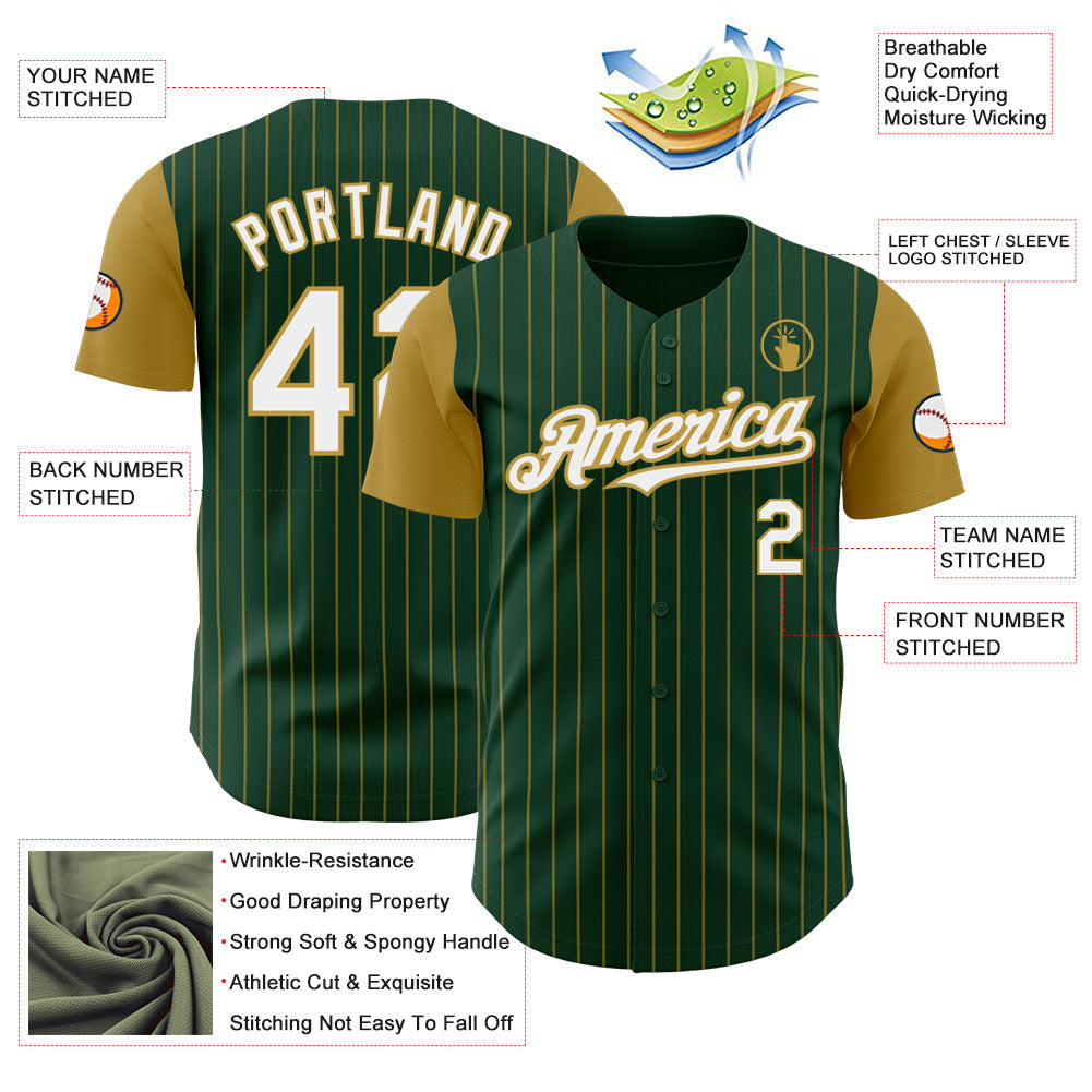 Custom Green Old Gold Pinstripe White Authentic Two Tone Baseball Jersey - Sky-Custom