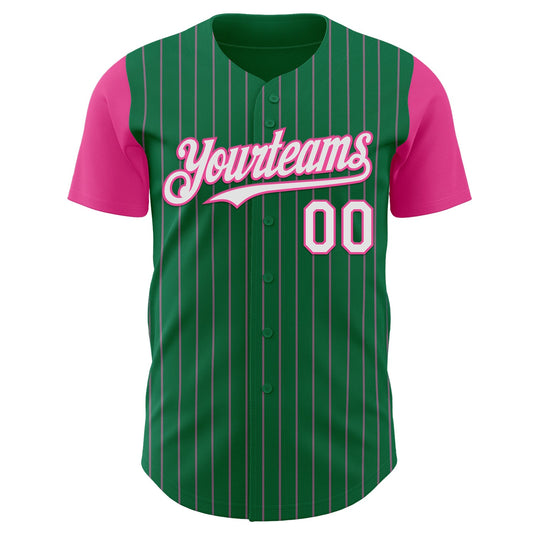 Custom Kelly Green Pink Pinstripe White Authentic Two Tone Baseball Jersey - Sky-Custom