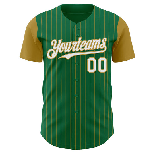 Custom Kelly Green Old Gold Pinstripe White Authentic Two Tone Baseball Jersey - Sky-Custom