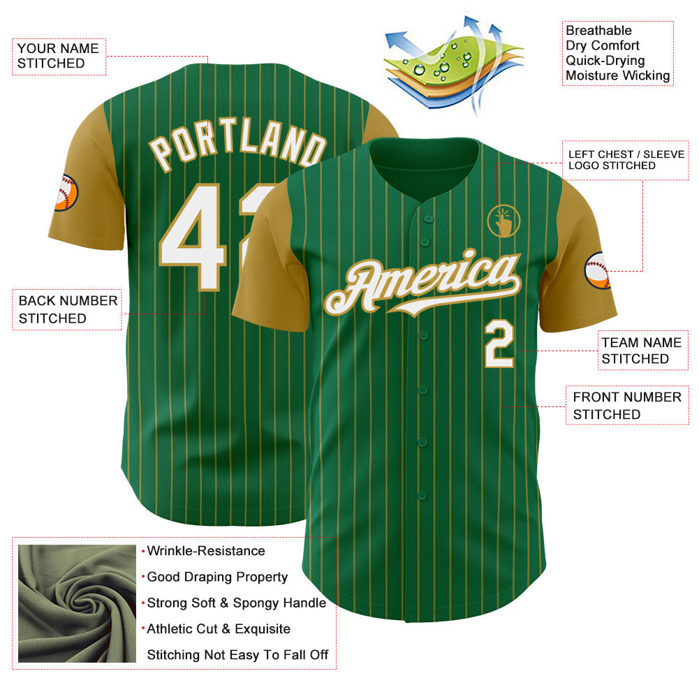 Custom Kelly Green Old Gold Pinstripe White Authentic Two Tone Baseball Jersey - Sky-Custom
