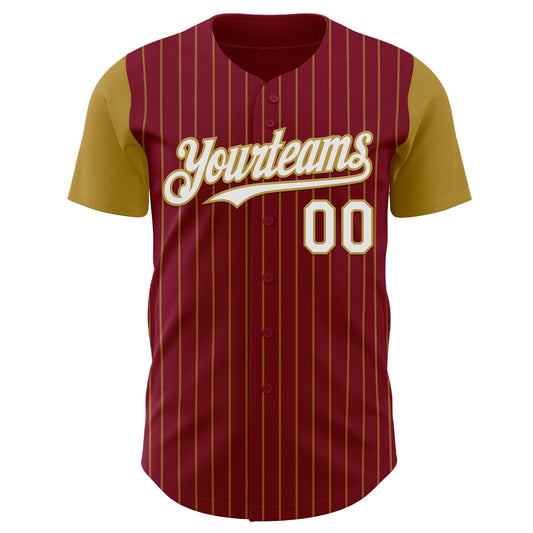 Custom Crimson Old Gold Pinstripe White Authentic Two Tone Baseball Jersey - Sky-Custom