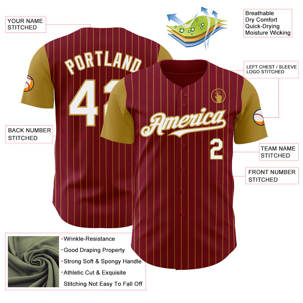 Custom Crimson Old Gold Pinstripe White Authentic Two Tone Baseball Jersey - Sky-Custom