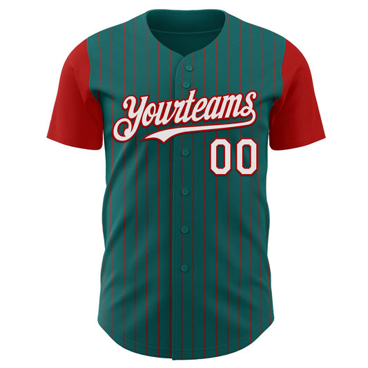 Custom Teal Red Pinstripe White Authentic Two Tone Baseball Jersey - Sky-Custom