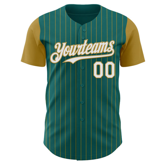 Custom Teal Old Gold Pinstripe White Authentic Two Tone Baseball Jersey - Sky-Custom