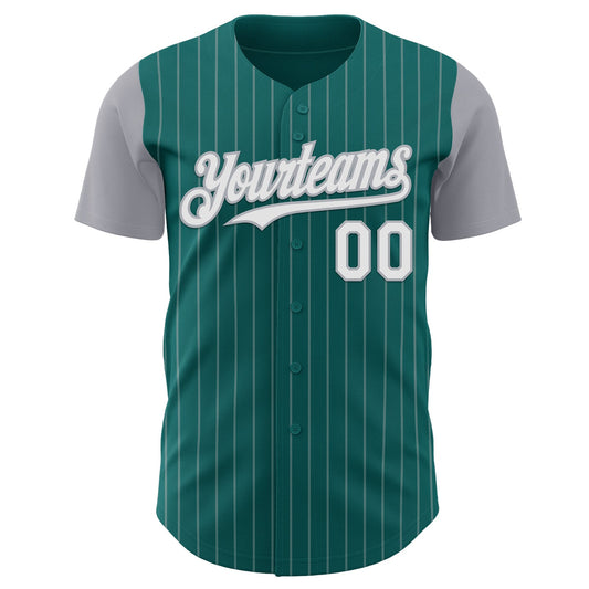 Custom Teal Gray Pinstripe White Authentic Two Tone Baseball Jersey - Sky-Custom
