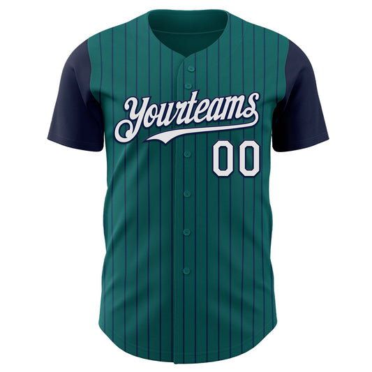 Custom Teal Navy Pinstripe White Authentic Two Tone Baseball Jersey - Sky-Custom