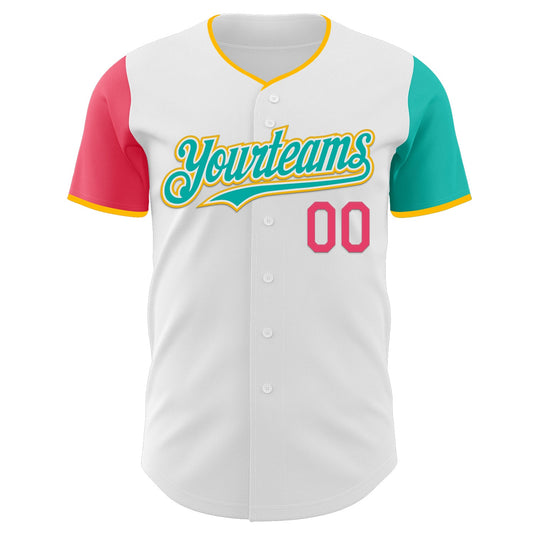 Custom White Neon Pink Aqua-Gold Authentic Two Tone Baseball Jersey - Sky-Custom