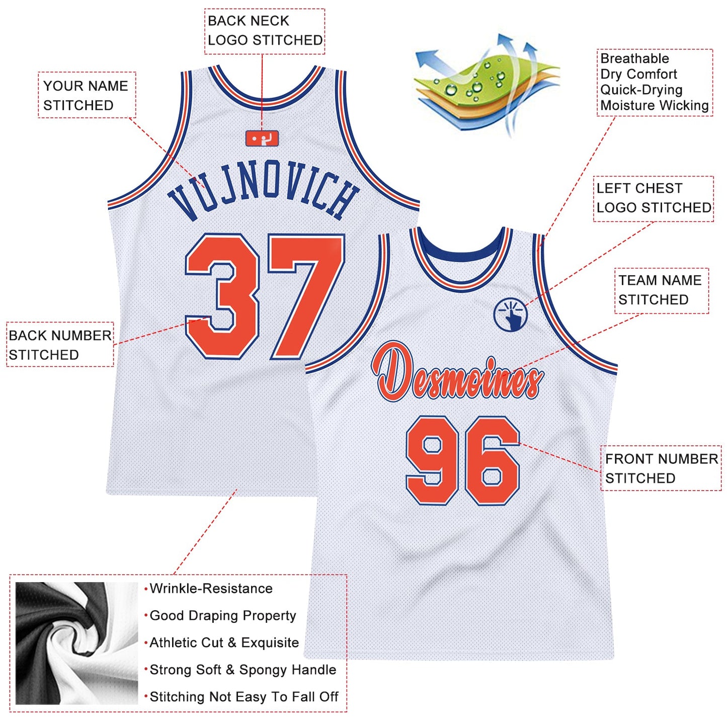 Custom White Orange-Royal Authentic Throwback Basketball Jersey - Sky-Custom