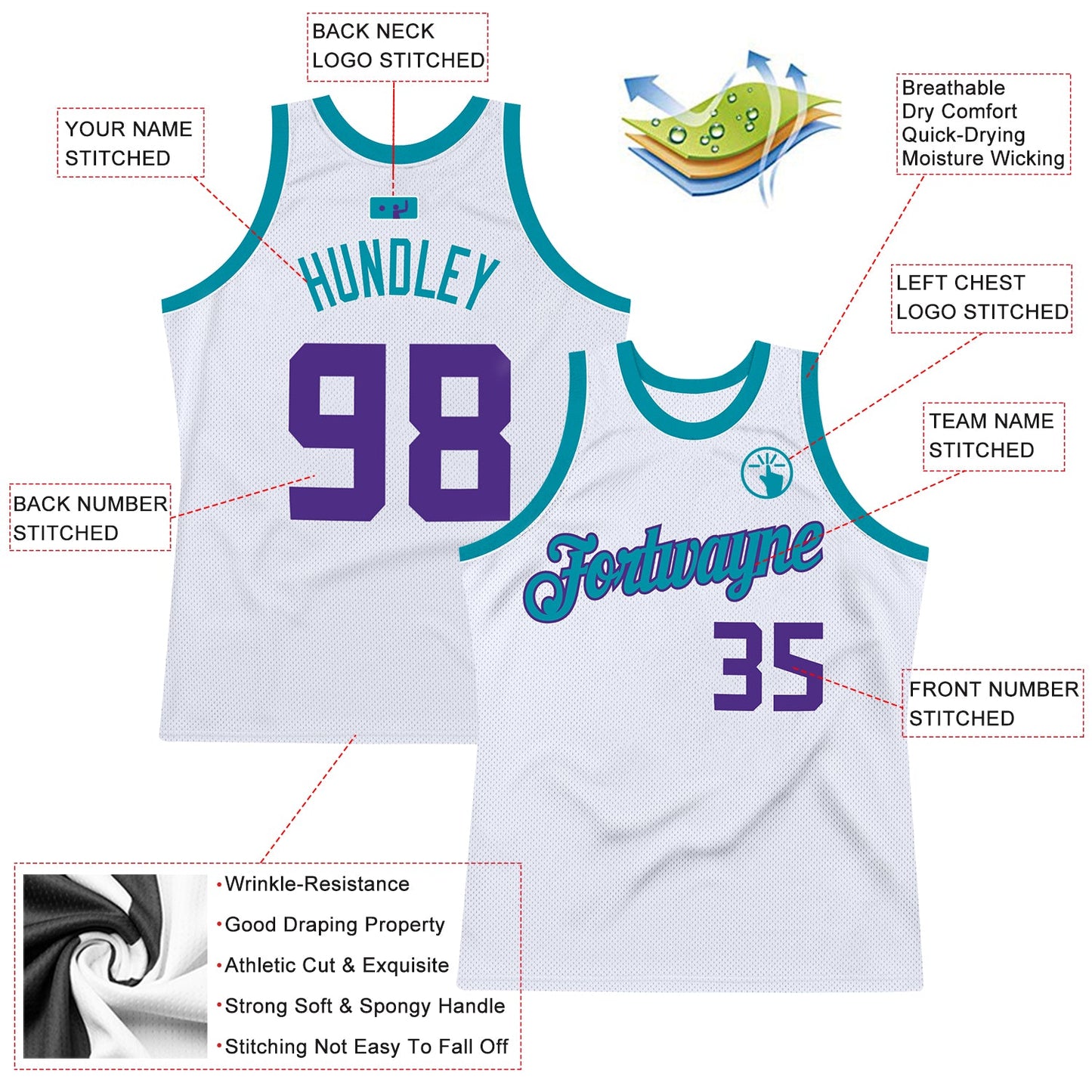 Custom White Purple-Teal Authentic Throwback Basketball Jersey - Sky-Custom