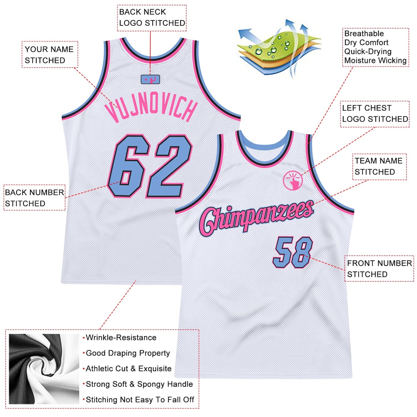 Custom White Light Blue-Pink Authentic Throwback Basketball Jersey - Sky-Custom