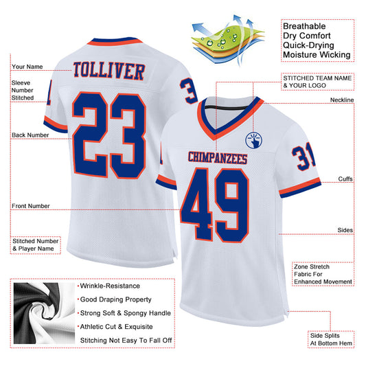 Custom White Royal-Orange Mesh Authentic Throwback Football Jersey - Sky-Custom