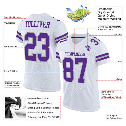 Custom White Purple-Gray Mesh Authentic Football Jersey - Sky-Custom