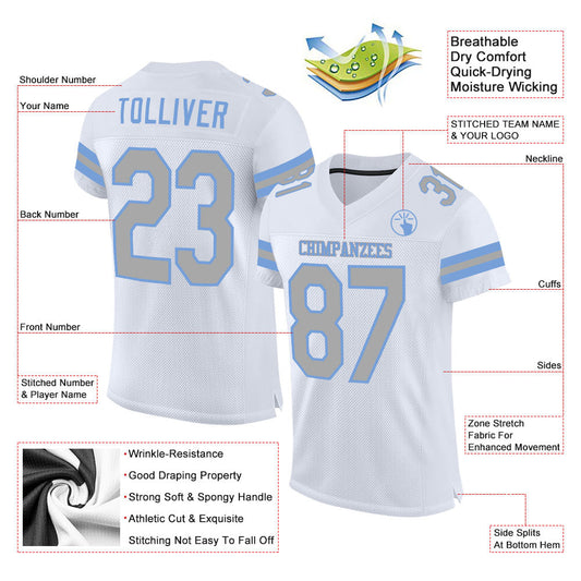 Custom White Gray-Light Blue Mesh Authentic Football Jersey - Sky-Custom