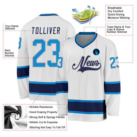 Custom White Blue-Navy Hockey Jersey - Sky-Custom
