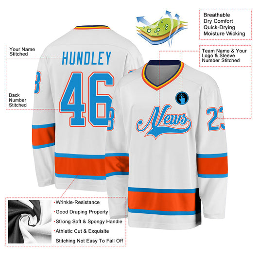 Custom White Blue-Orange Hockey Jersey - Sky-Custom