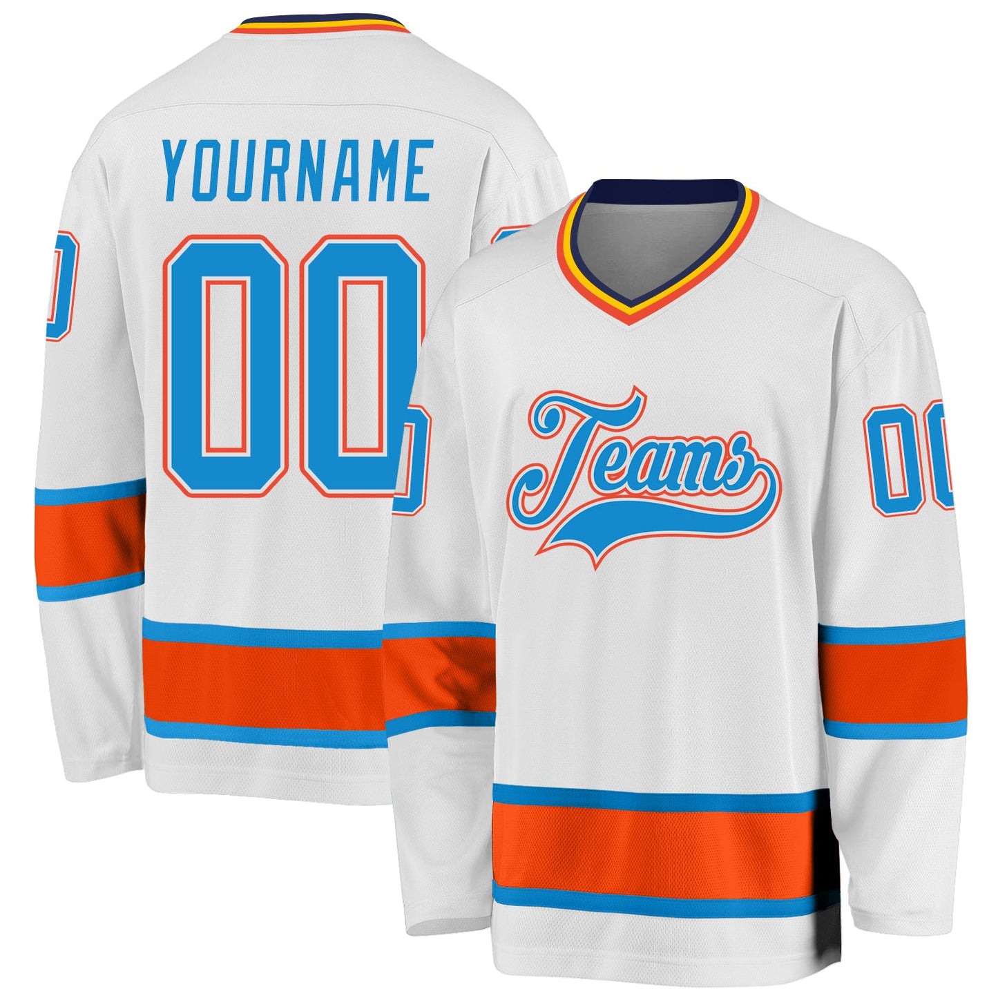Custom White Blue-Orange Hockey Jersey - Sky-Custom