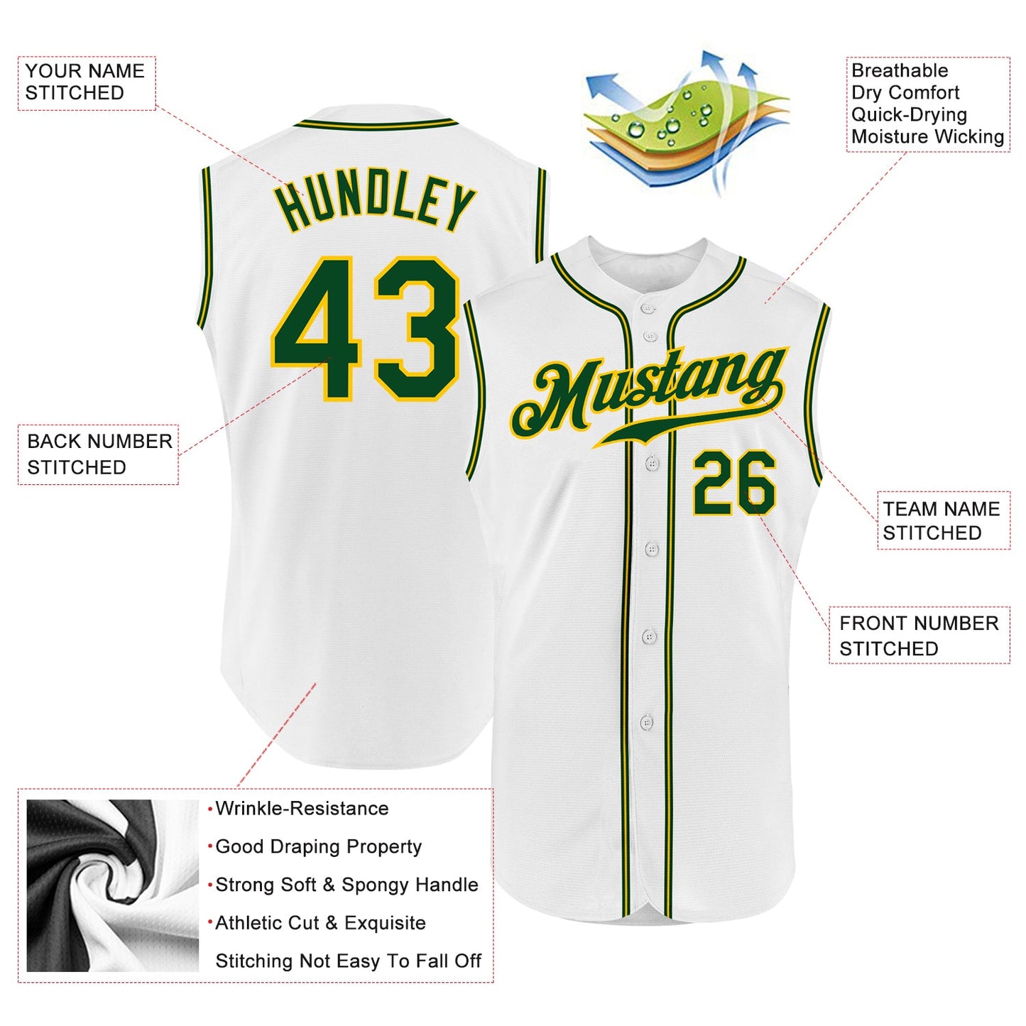 Custom White Green-Gold Authentic Sleeveless Baseball Jersey - Sky-Custom