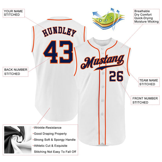 Custom White Navy-Orange Authentic Sleeveless Baseball Jersey - Sky-Custom
