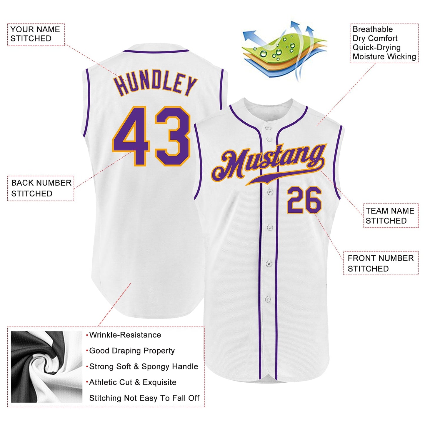 Custom White Purple-Gold Authentic Sleeveless Baseball Jersey - Sky-Custom