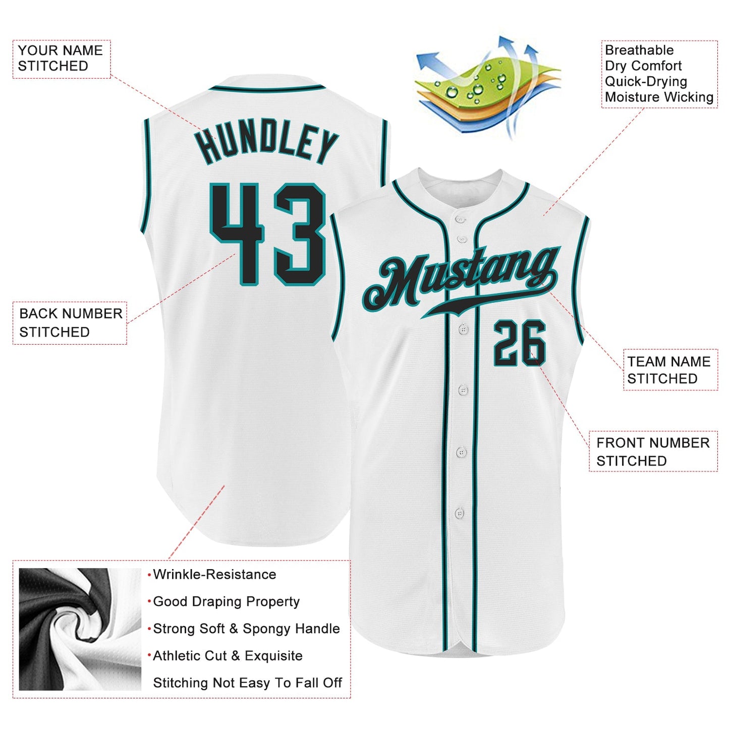 Custom White Black-Teal Authentic Sleeveless Baseball Jersey - Sky-Custom