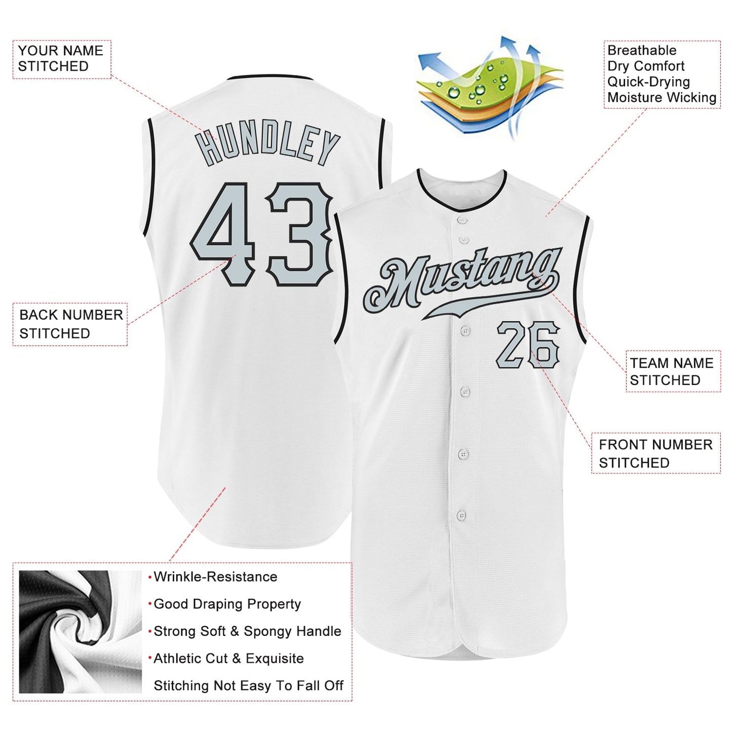 Custom White Silver-Black Authentic Sleeveless Baseball Jersey - Sky-Custom