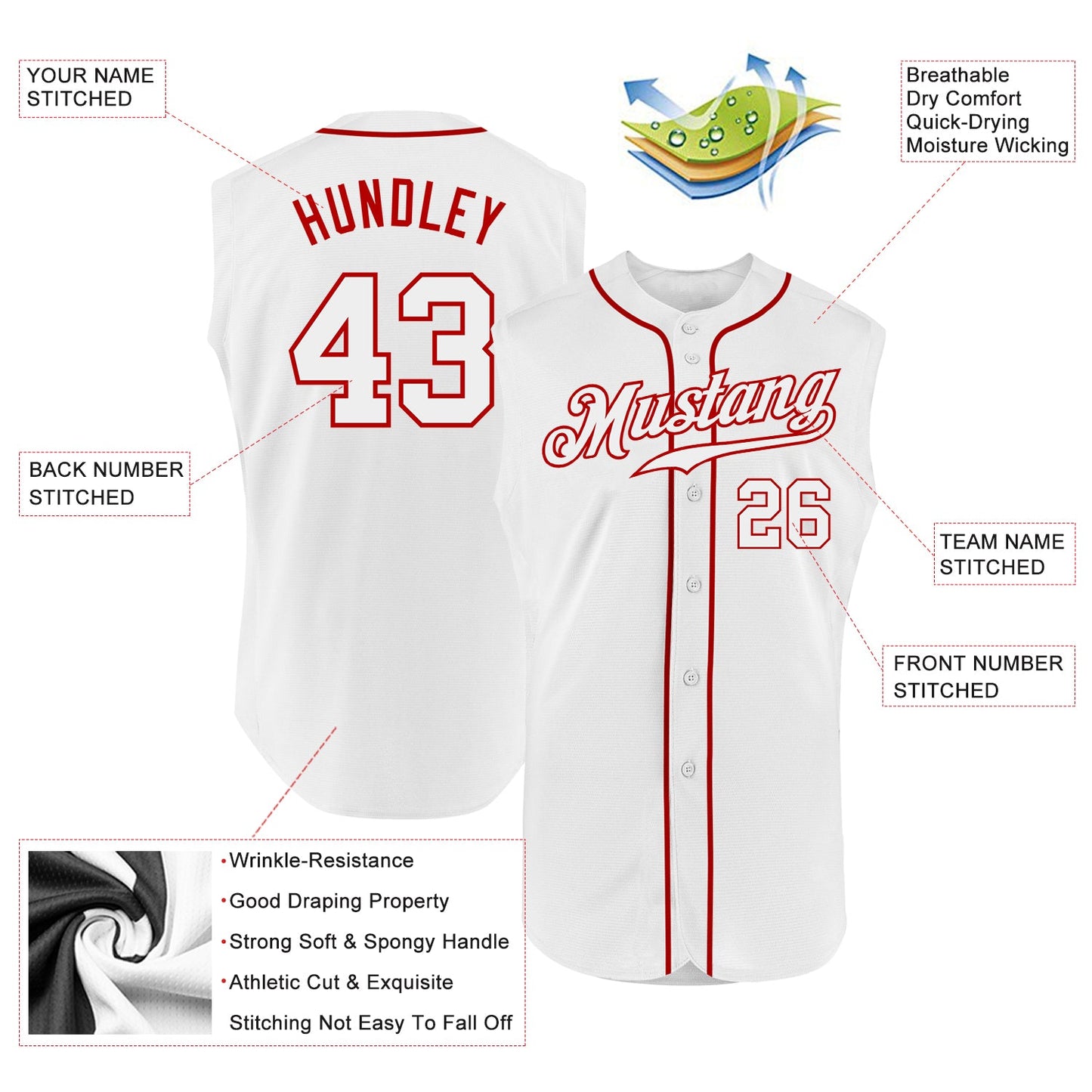 Custom White White-Red Authentic Sleeveless Baseball Jersey - Sky-Custom