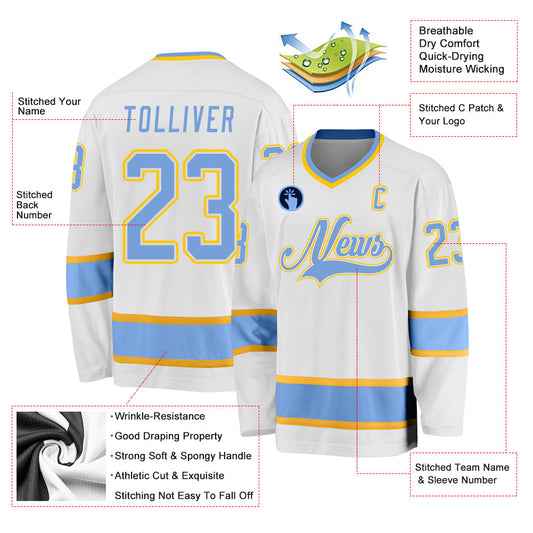 Custom White Light Blue-Gold Hockey Jersey - Sky-Custom